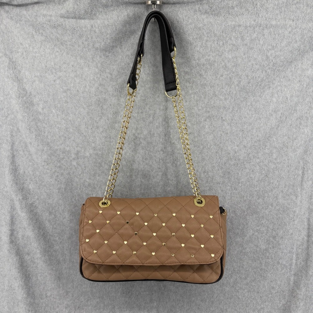 Betsey Johnson Tan Quilted Heart Studded Shoulder Bag Gold Chain Adjust Strap - Picture 7 of 16